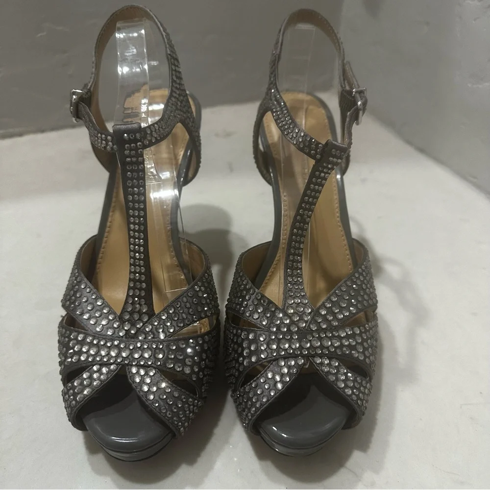 Antonio Melani Gray Rhinestone Heels Womens Size 8 Peep Toe 4” Heel - Picture 10 of 11